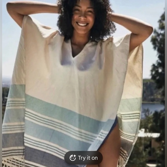 Tribe Alive 100% Cotton Cream & Blue Baja Stripe Swim Beach Fringed Cover Up OS - Picture 2 of 8